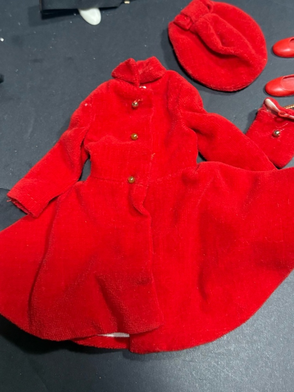 1963 Mattel Skipper "Dress Coat" #1906 outfit, red velvet coat hat purse